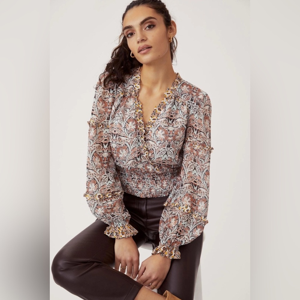 Anthropologie Flounce Printed Ruffle Blouse V Neck Long Sleeve Smocked Top SZ: M